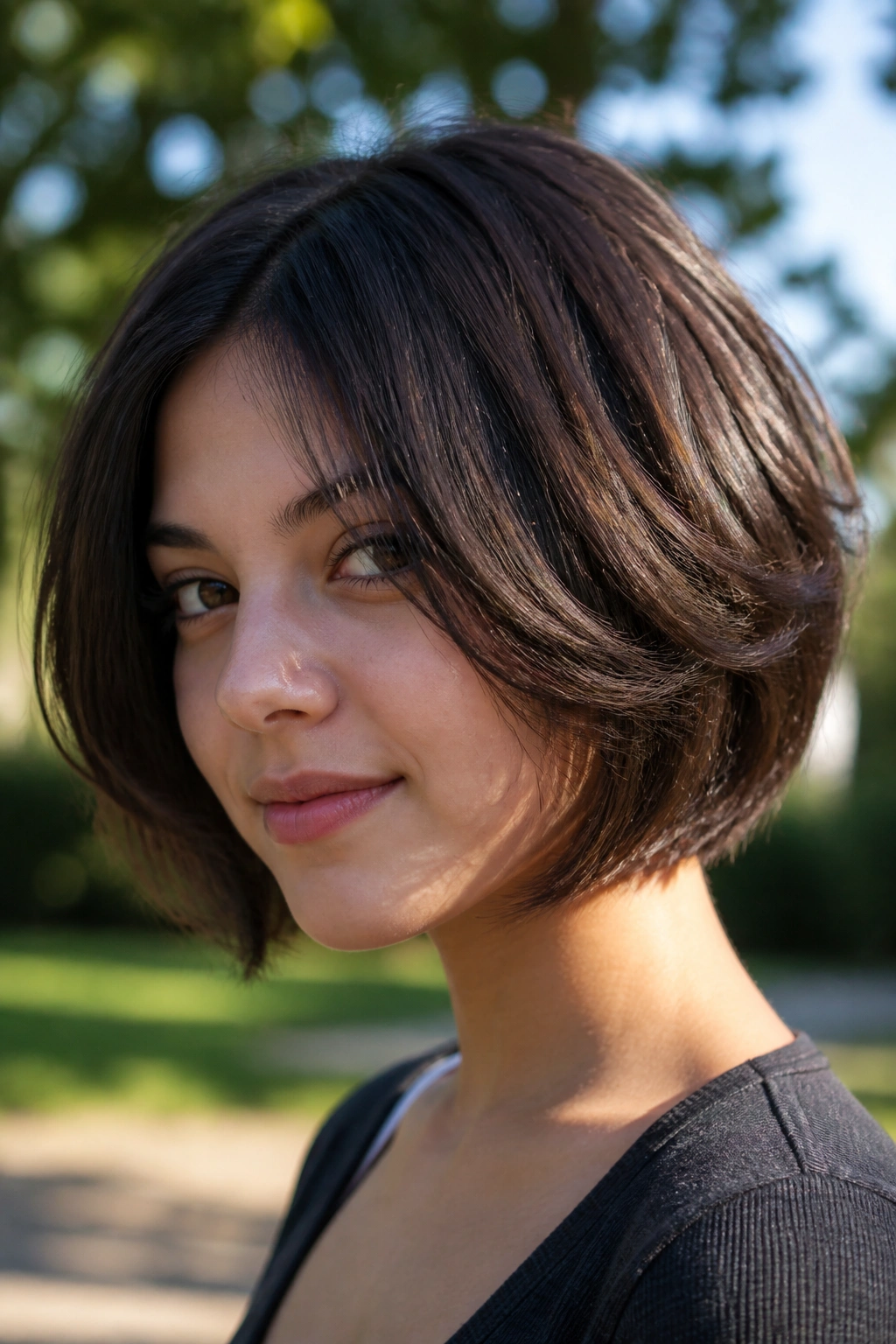 Close-up portrait of a girl with layered bob on thick hair