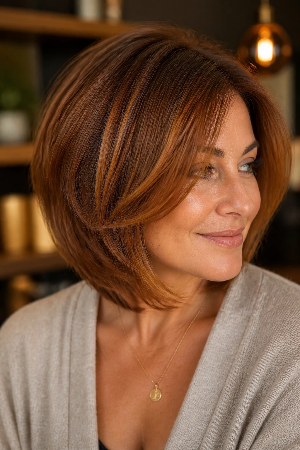 Close-up of a layered bob with toasted auburn glow in a real person.