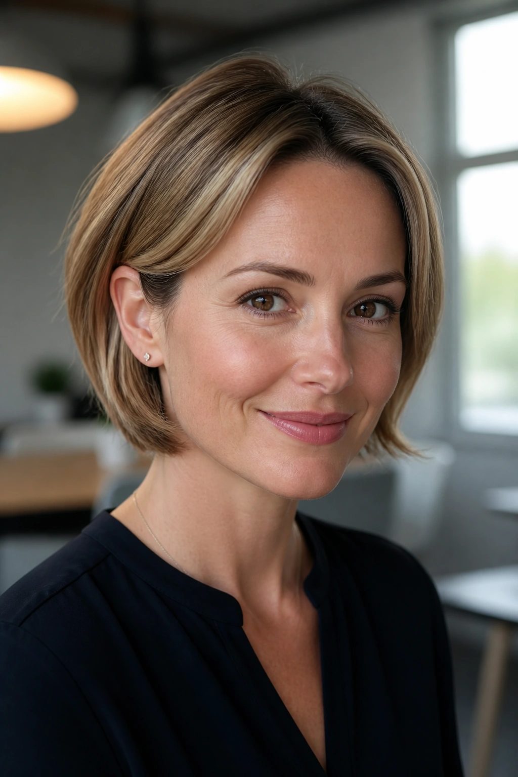 Close-up portrait of a real woman with a jaw-length layered bob and tucked-behind-ear front pieces.