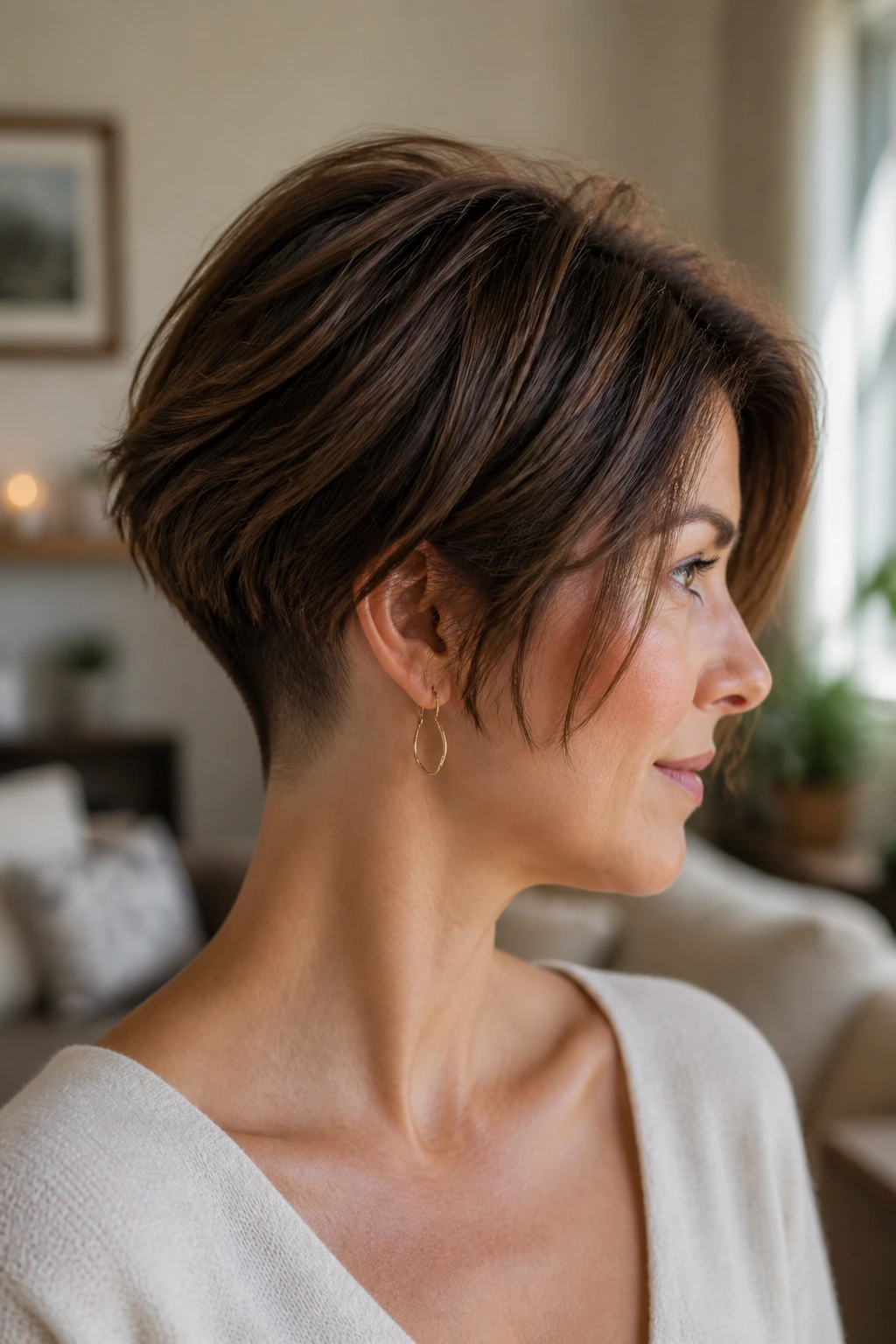 Portrait of layered bob with undercut nape on real person