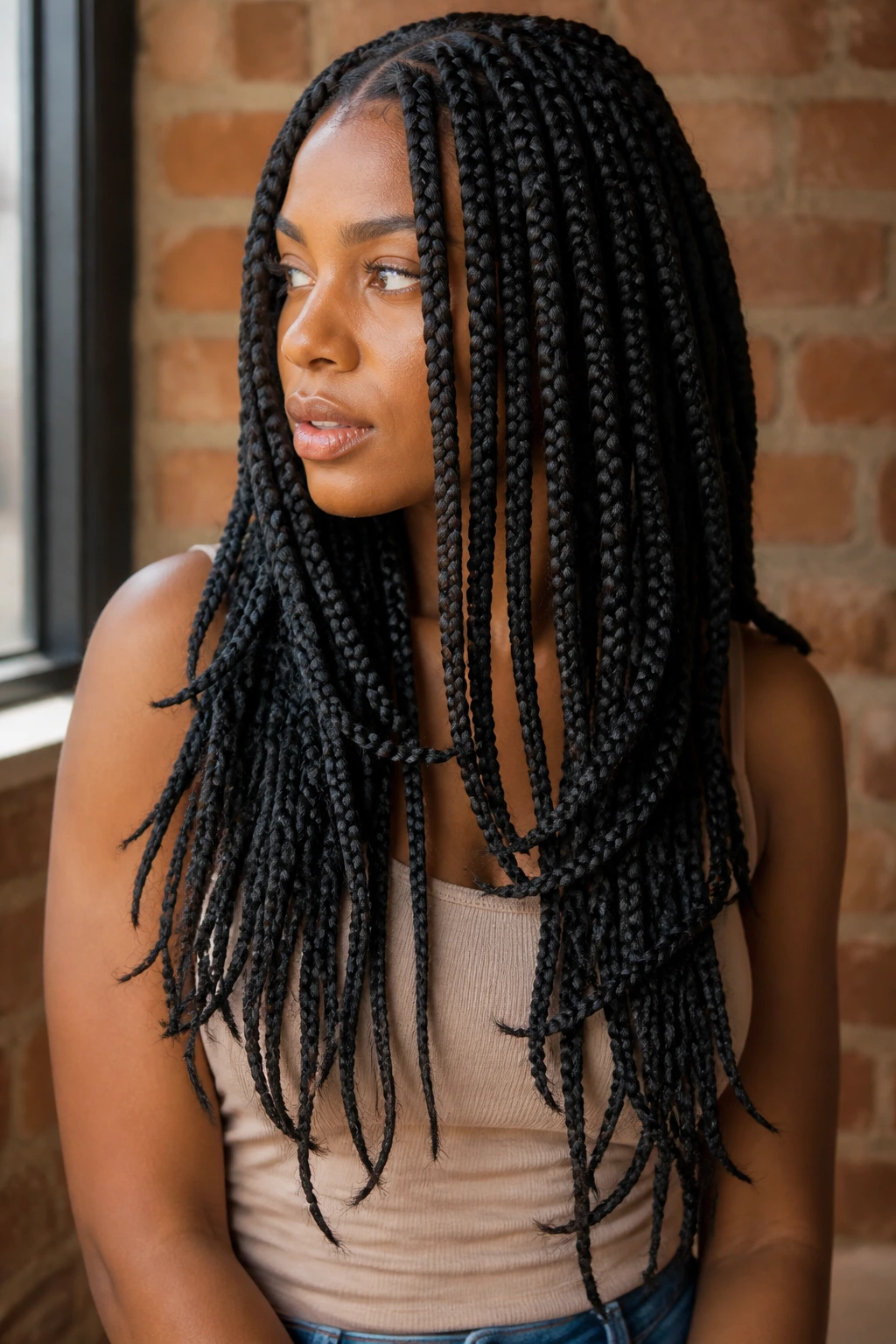 Real woman with layered big box braids in three-quarter view