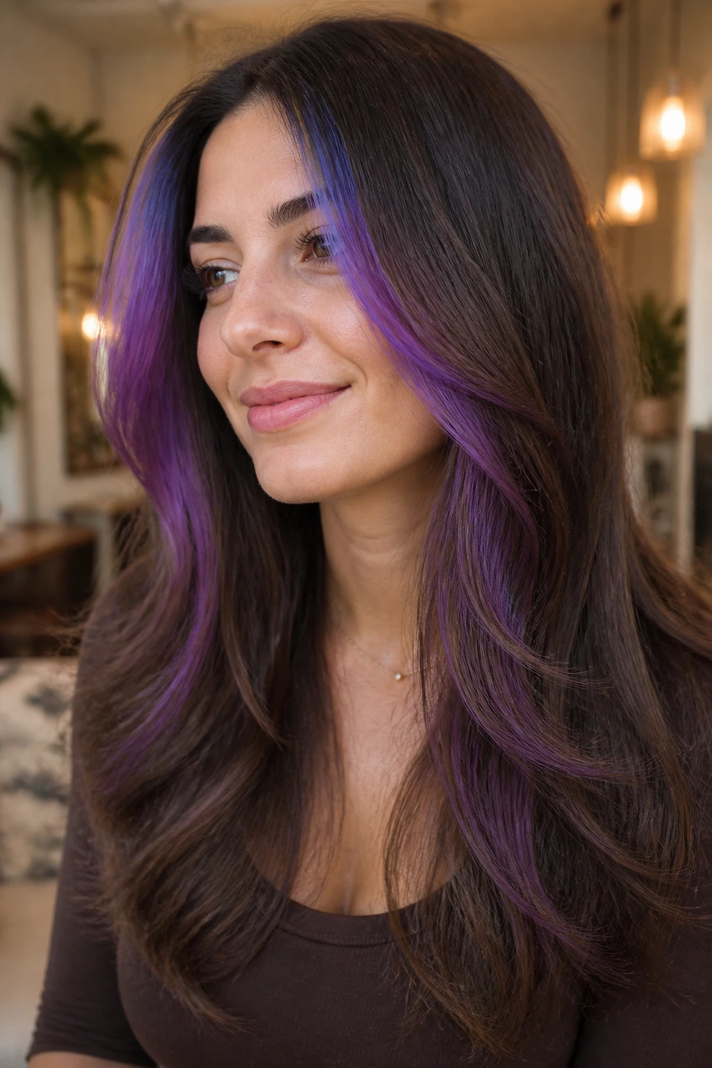 Close-up of a real woman with layered brown hair and purple money pieces framing the face.