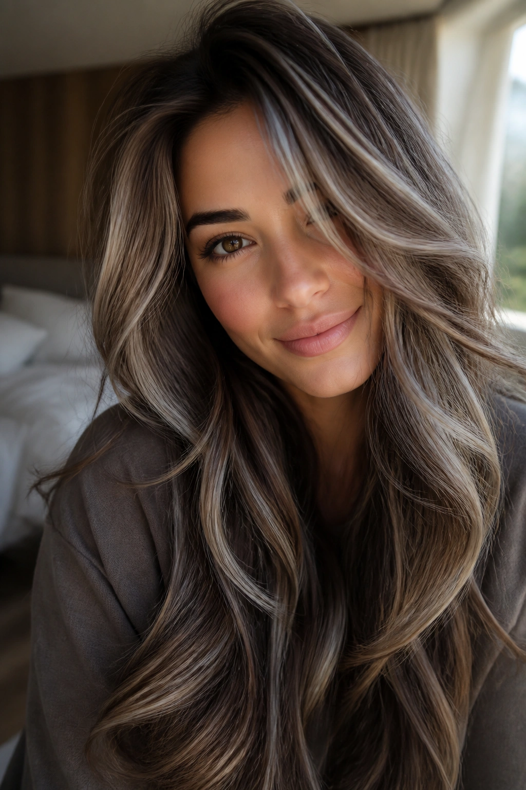 Close-up of a real woman with long layered brown hair featuring ribboned silver highlights.