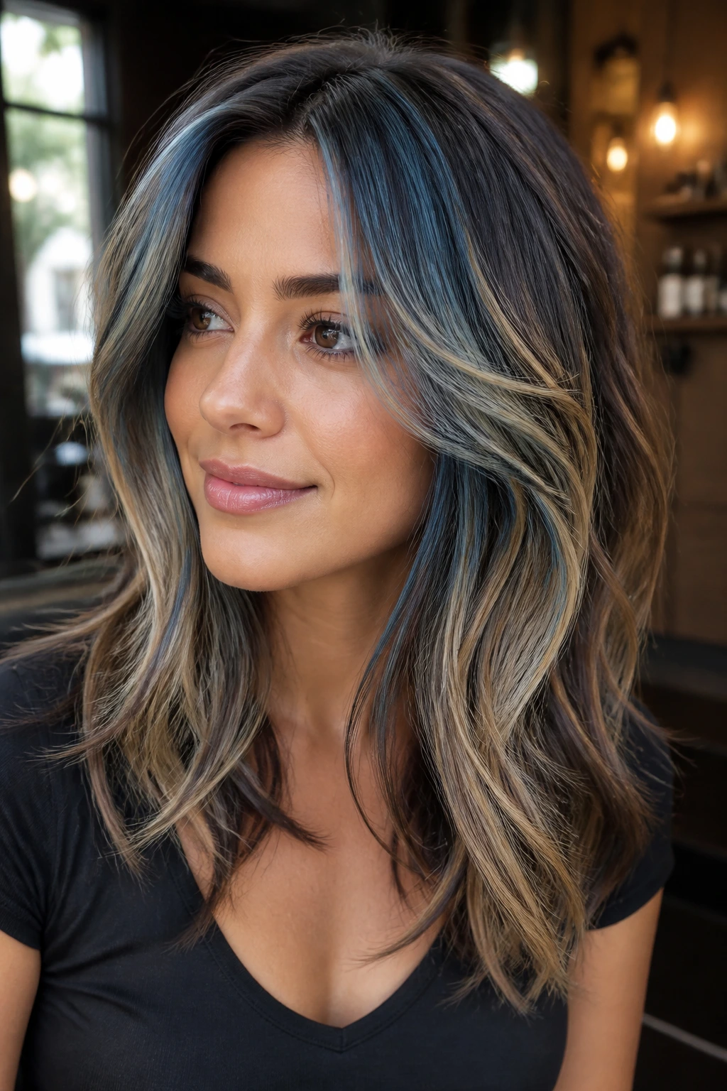 Layered brunette with smoky blue shadow roots on a real woman; moody salon portrait.