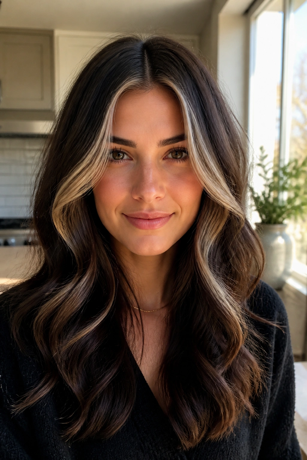 Layered brunette with oyster-blonde face frame on a real person.