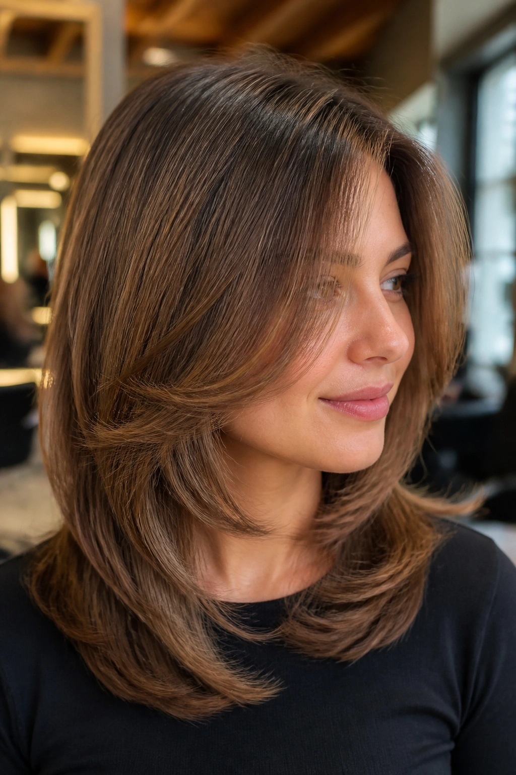 Close-up of a real person with layered C-shape cut framing the face