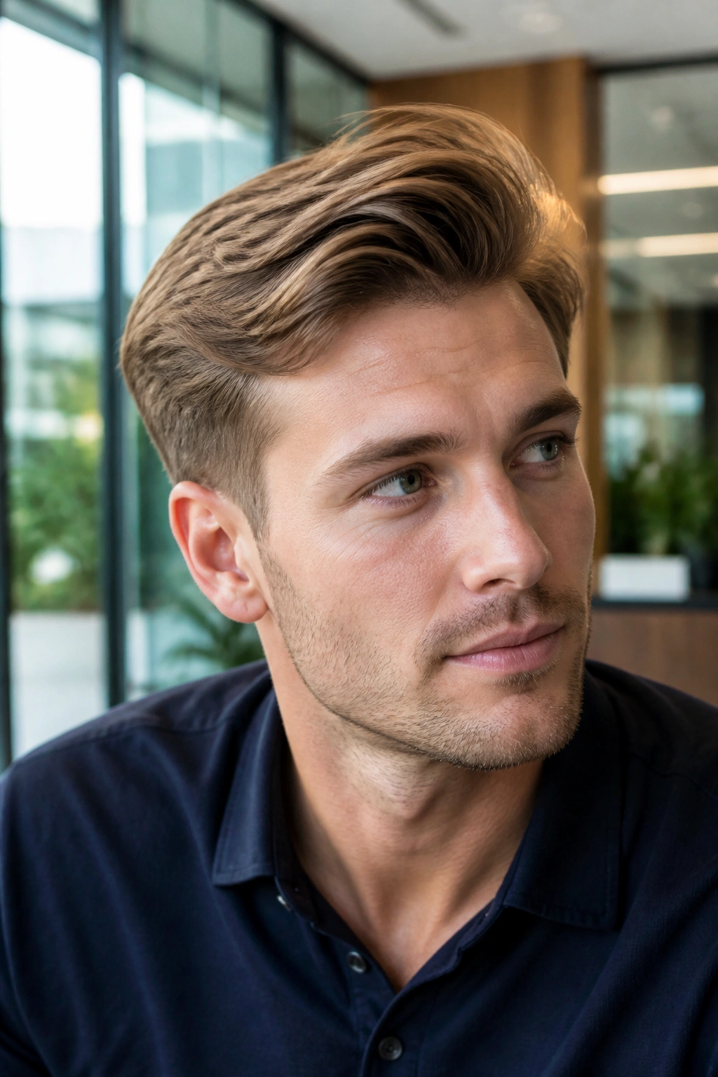 Portrait of a man with layered comb-over showing natural movement