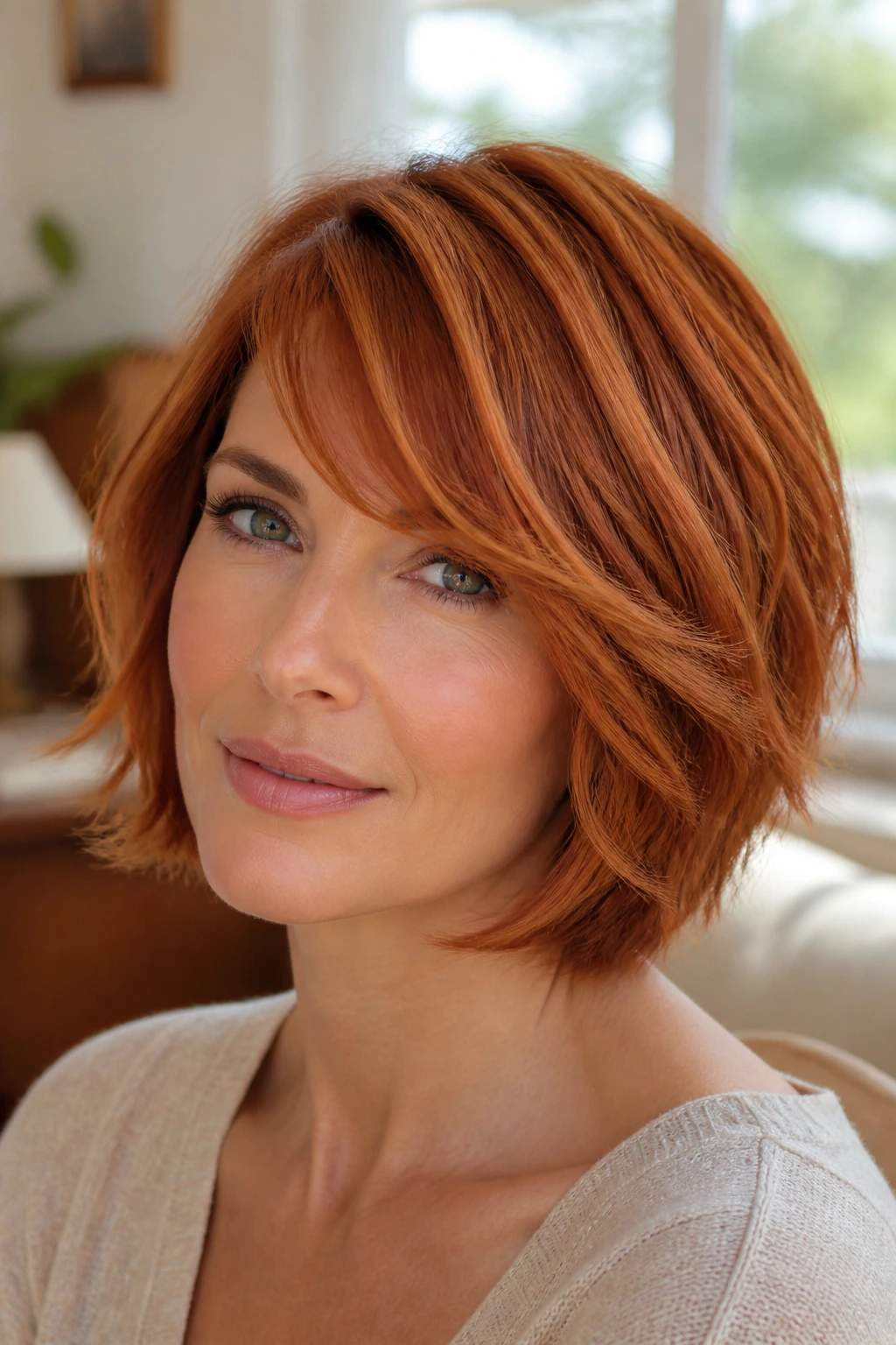 Close-up portrait of a real woman with layered copper bob and side-swept bangs in a sunlit living room