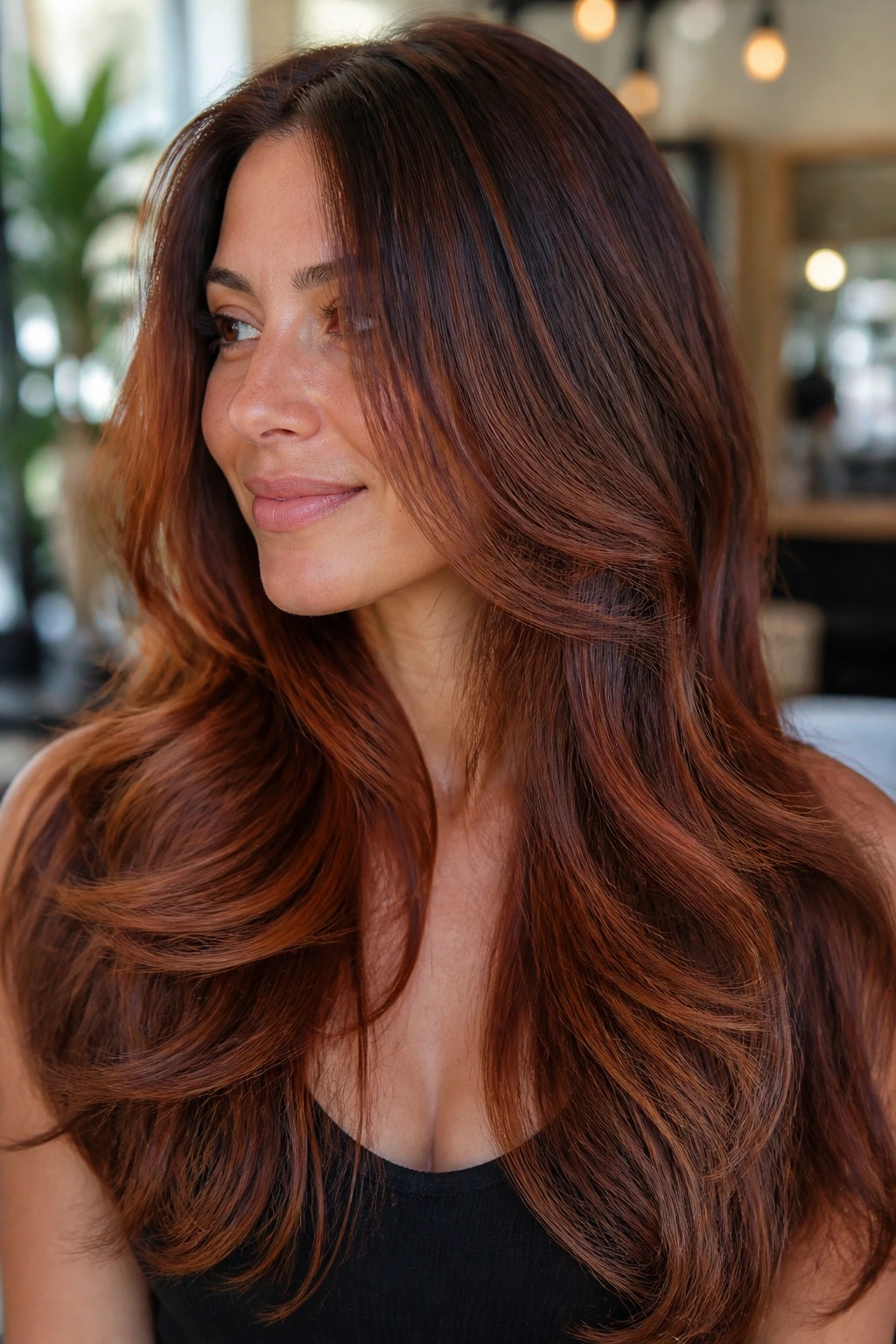 Close-up of layered copper balayage on long brown hair