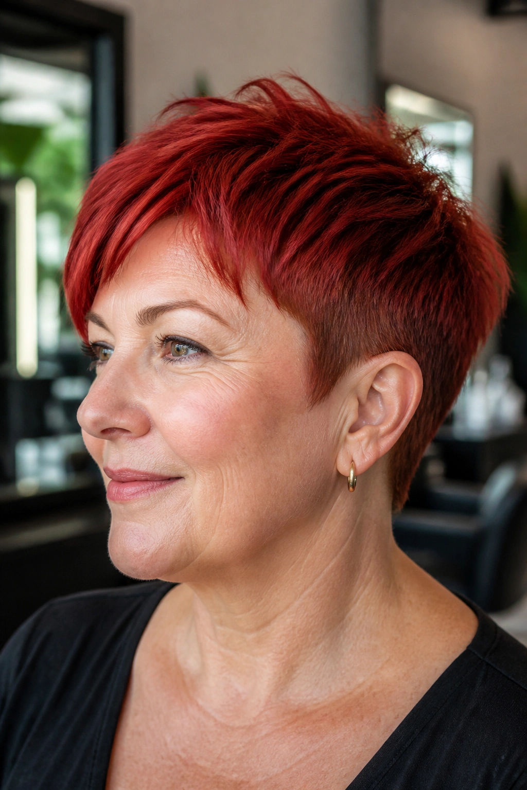Portrait of a real woman with layered crimson crop in a modern salon