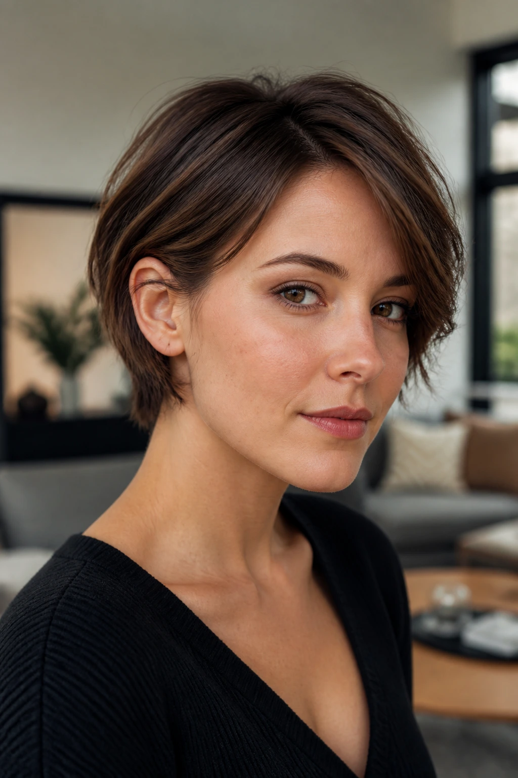 Close-up of real person with layered crop tucked behind one ear in warm indoor light
