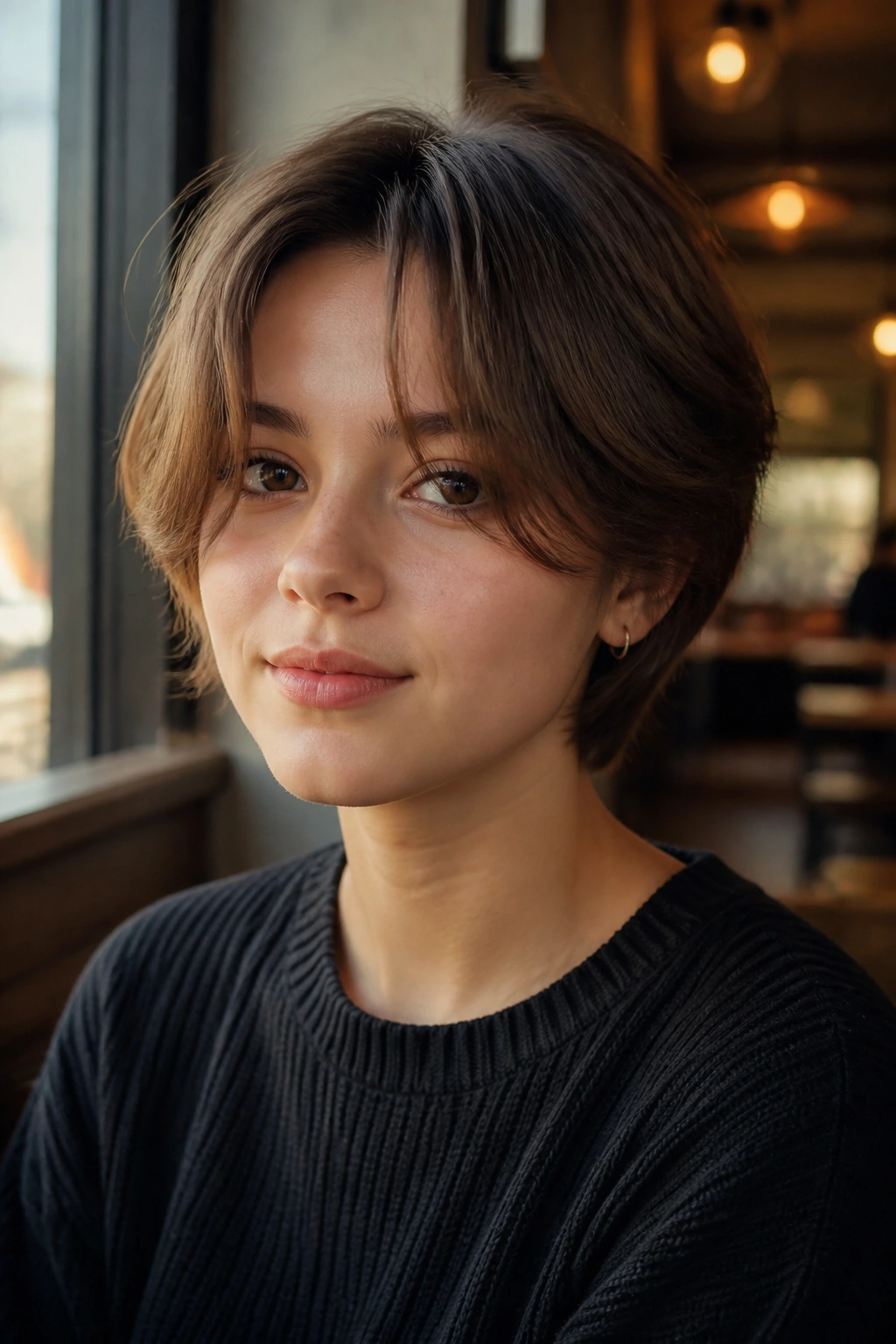 Portrait of a girl with layered crop and curtain bangs
