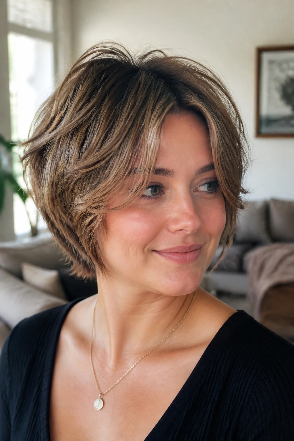 Close-up portrait of a real woman with layered crop curtain fringe and soft waves