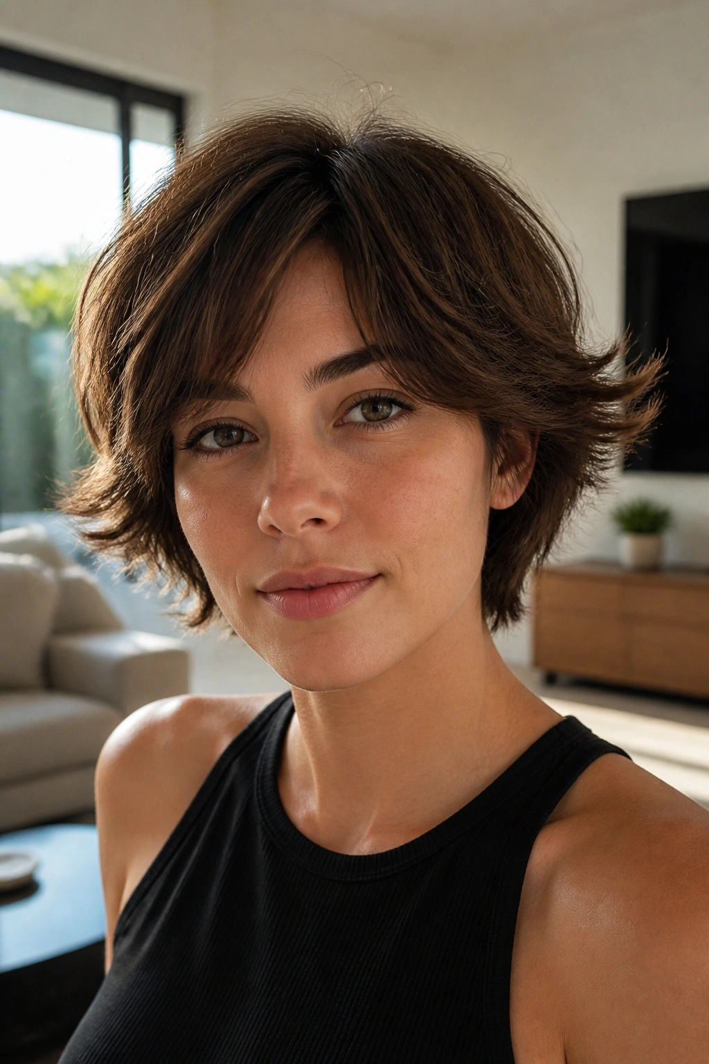 Close-up of person with layered crop and flipped ends in bright living room