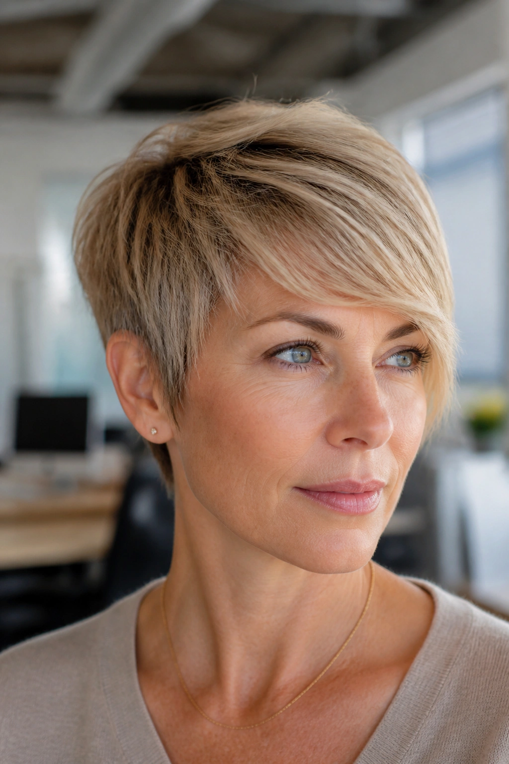 Close-up portrait of a real person with layered crop and side-swept fringe in an office
