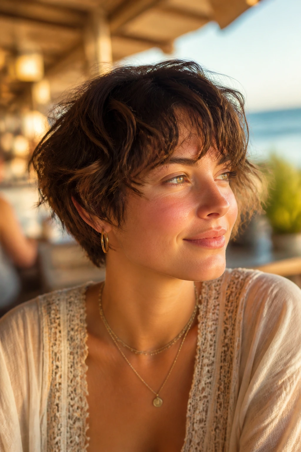 Close-up portrait of a real person with layered crop and messy waves