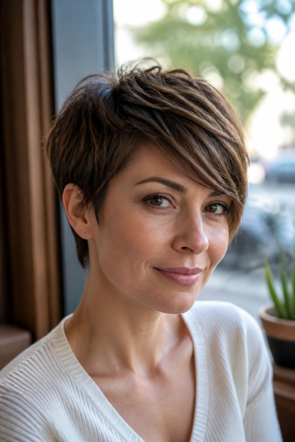 Portrait of a real woman with layered crop and side-swept bangs in cafe daylight