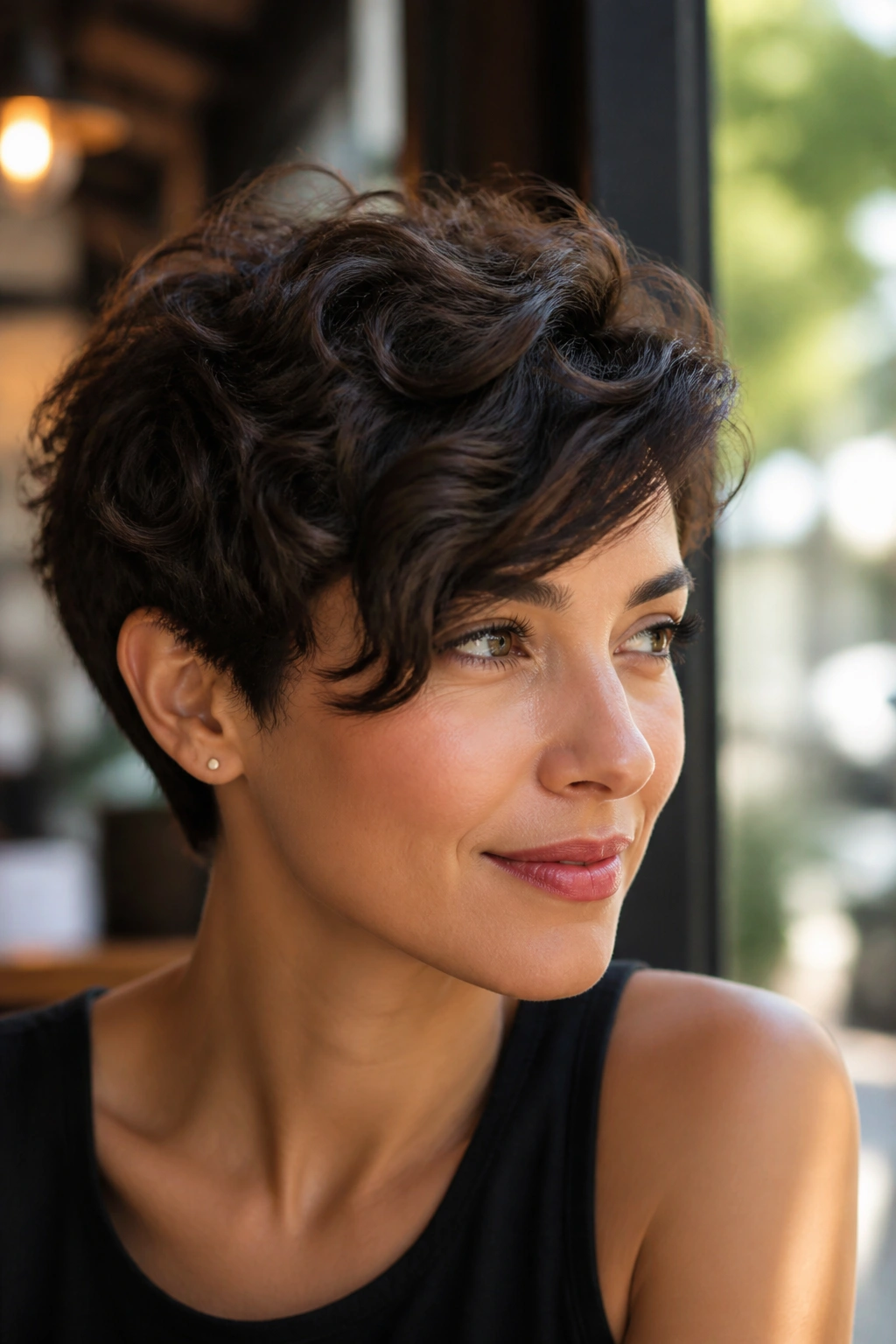Close-up of a real woman with layered crop and side-swept fringe in sunlit cafe setting