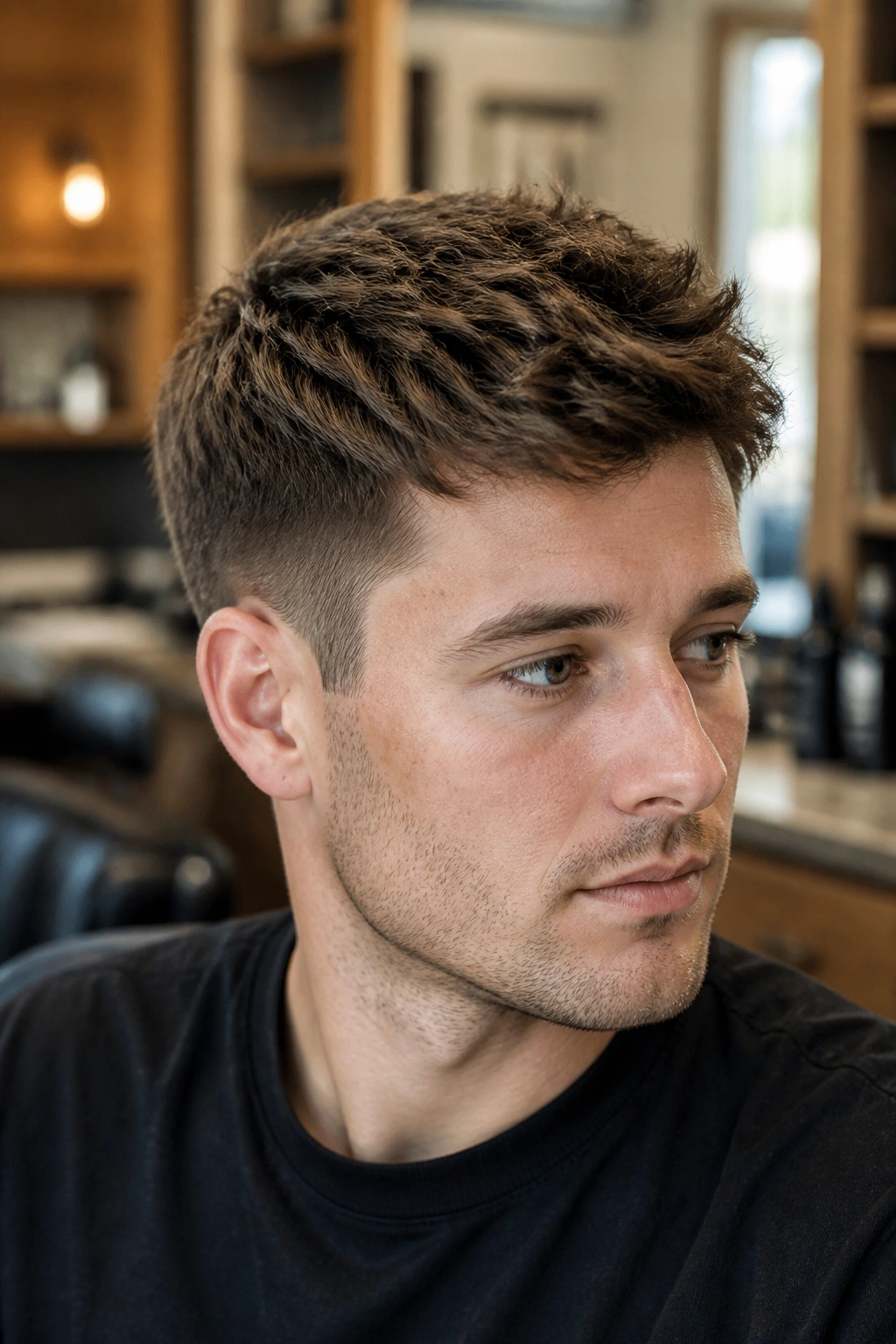 Close-up portrait of a man with The Classic Layered Crop for Thick Hair, short crown layers and tapered sides.