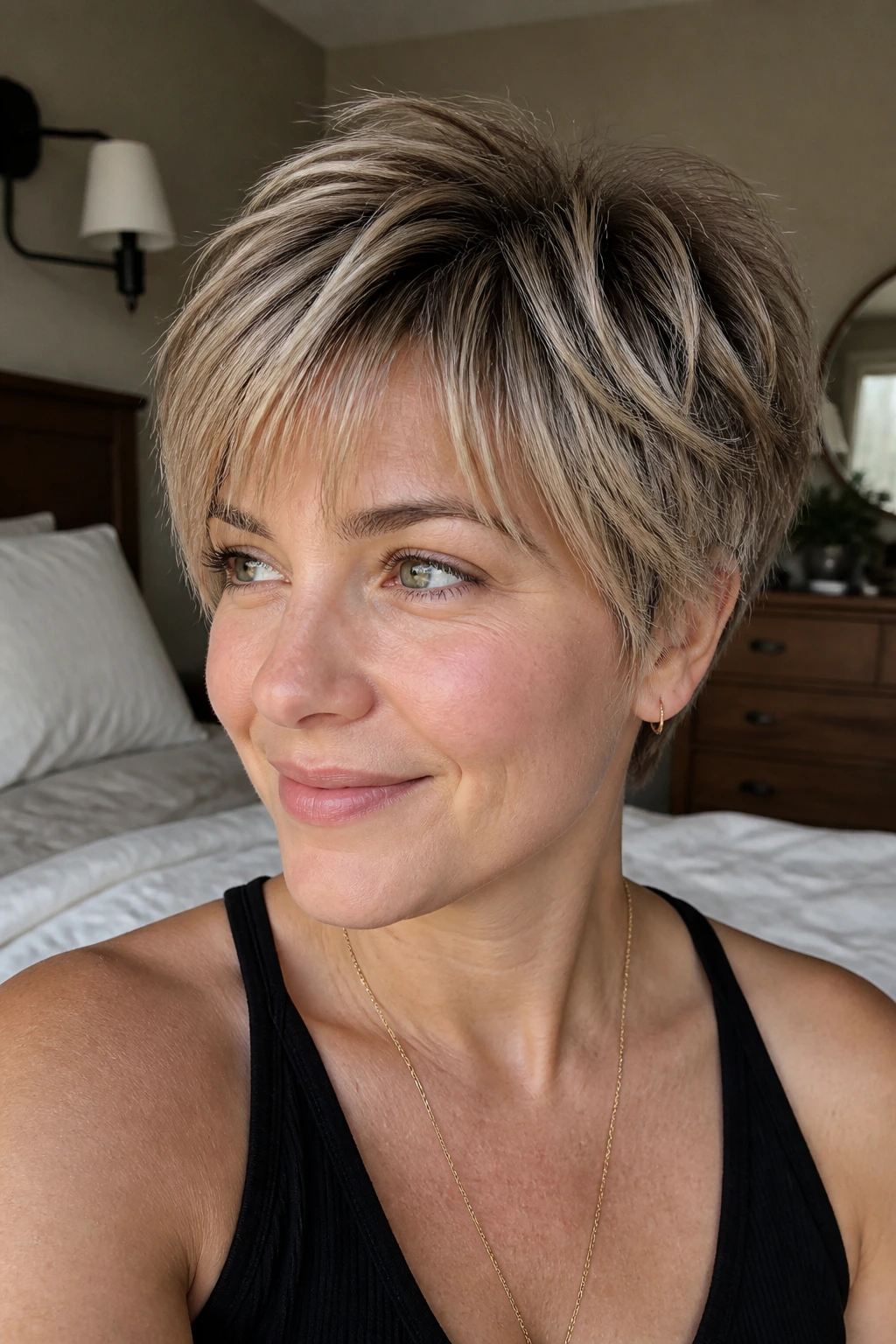 Close-up portrait of a real woman with layered crop and wispy fringe in warm bedroom window light