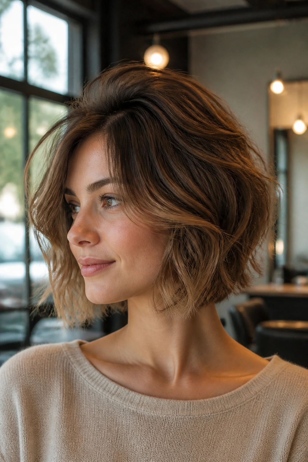Portrait of a real woman with crown-height layered bob and lifted crown