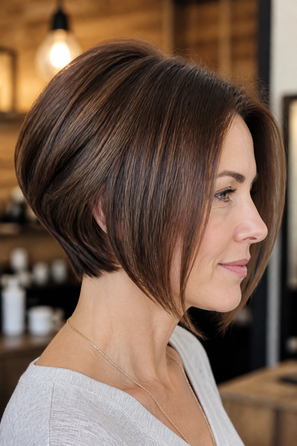 Close-up portrait of a real woman with layered crown-lift bob showing hidden graduation