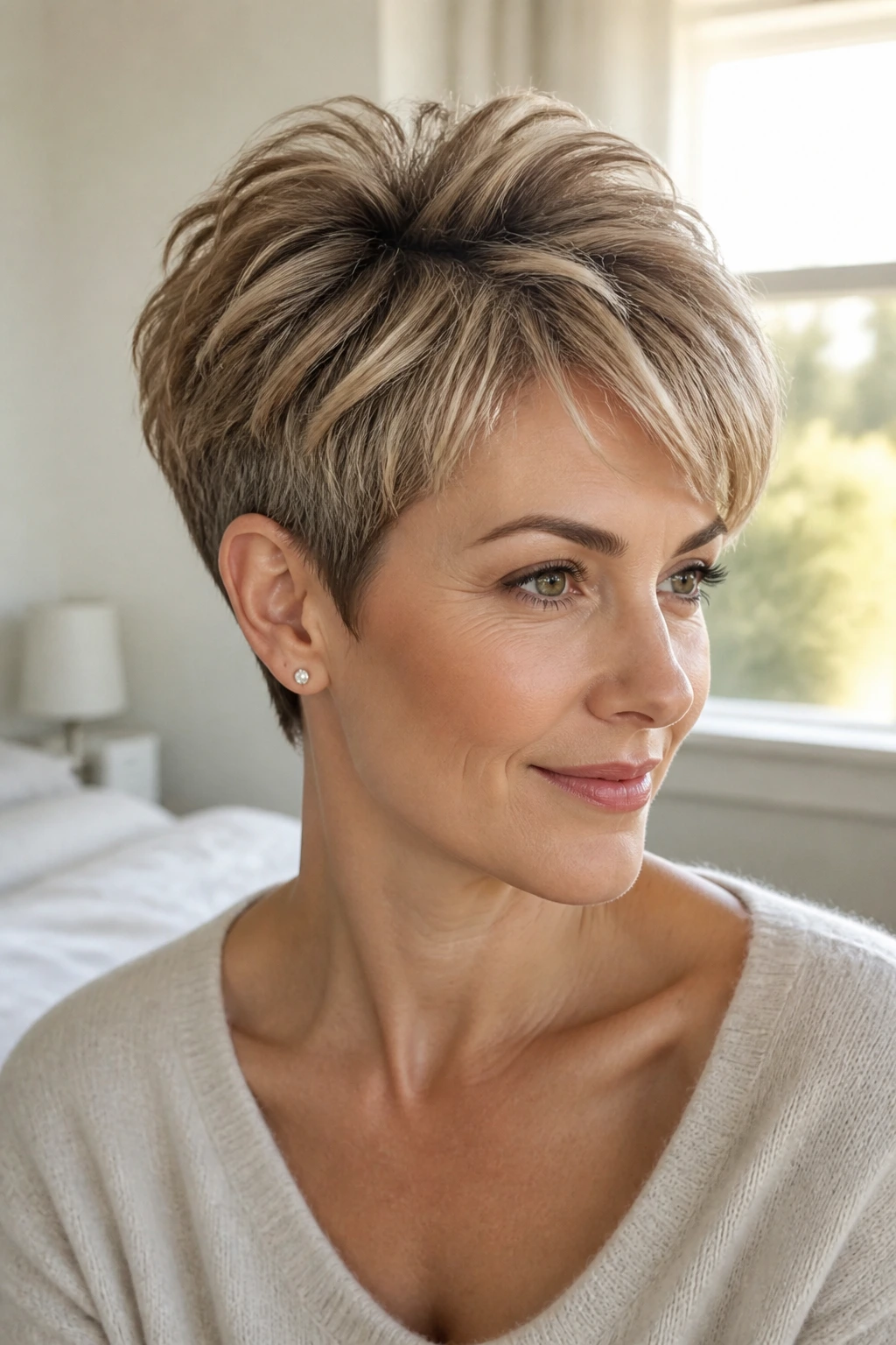 Portrait of a real woman with layered crown pixie lifted at the crown