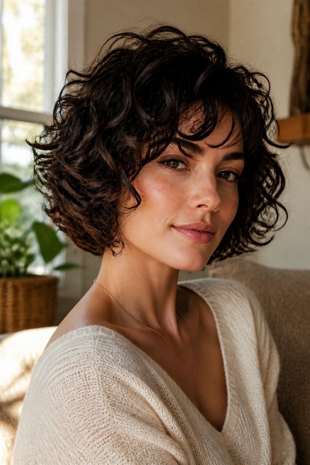 Close-up of layered curly bob on a real woman