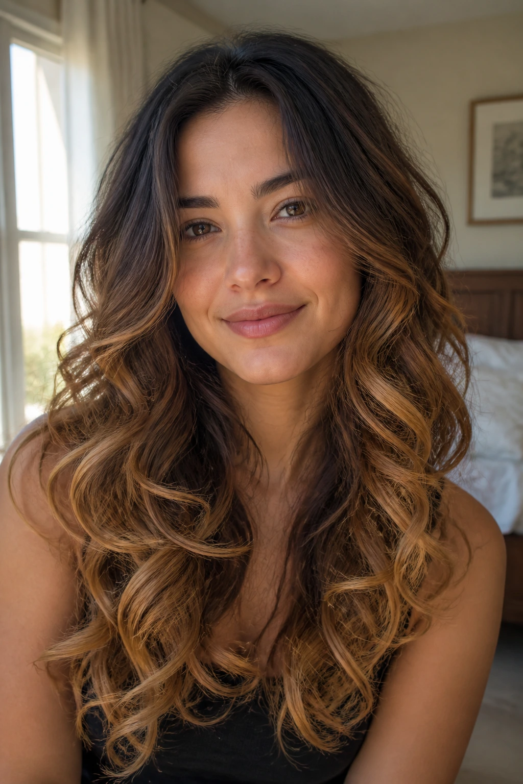 Real woman close-up with layered curls and golden caramel ends in warm window light