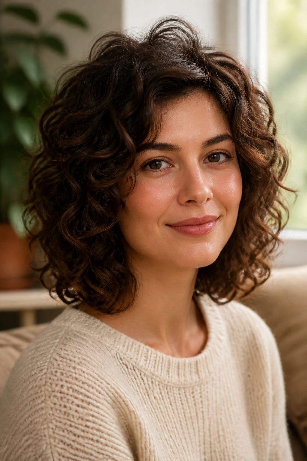 Close-up of layered curls falling below the chin on a real woman with soft lighting