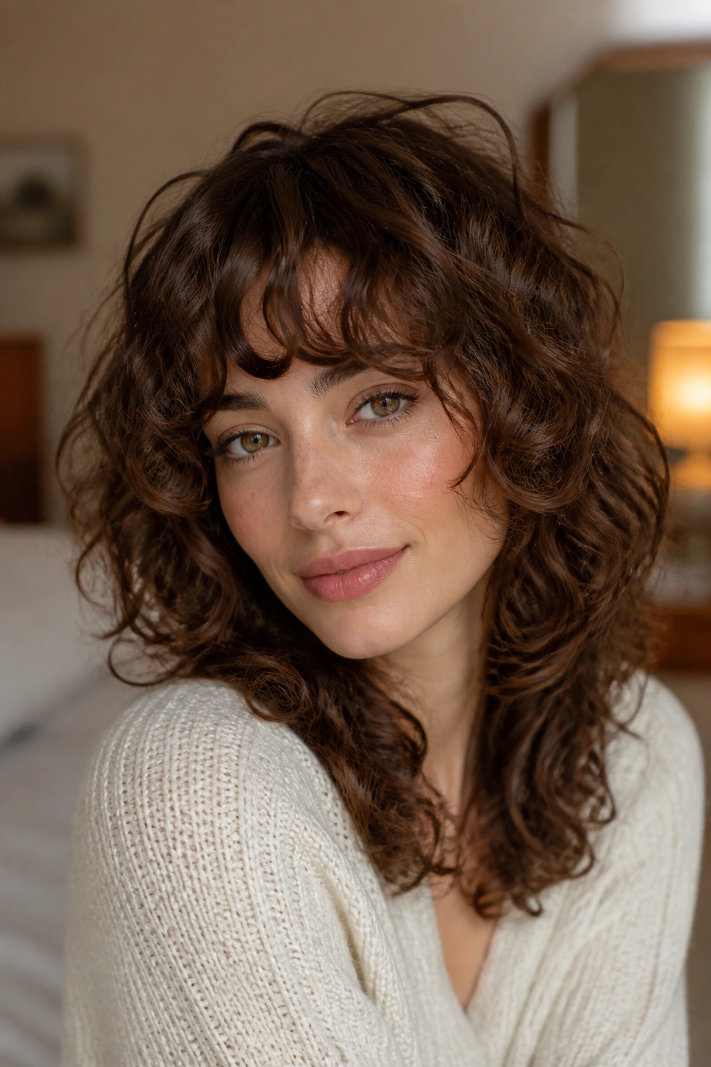 Close-up portrait of layered curls with a curved fringe on a real woman, natural window light