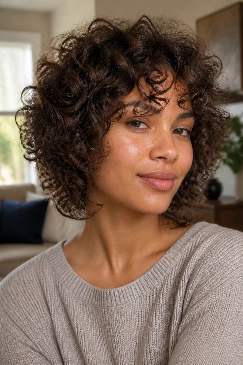 Close-up of a real person showing layered curly hair cut for wash-and-wear in a cozy room