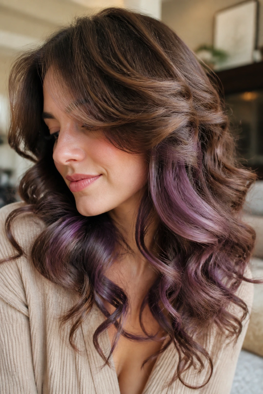 Real person with layered curls and lilac tucked under the top ring.