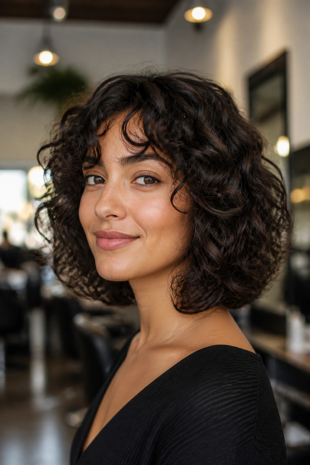 Close-up portrait of a real woman with layered curly lob hair