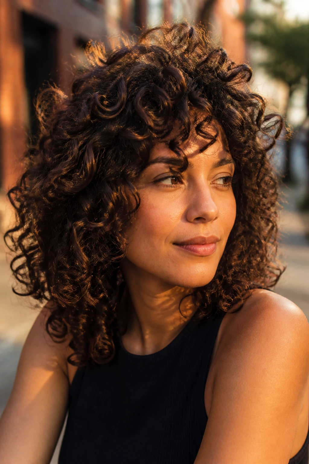 Close-up of real woman with layered curls and lifted crown in golden hour light