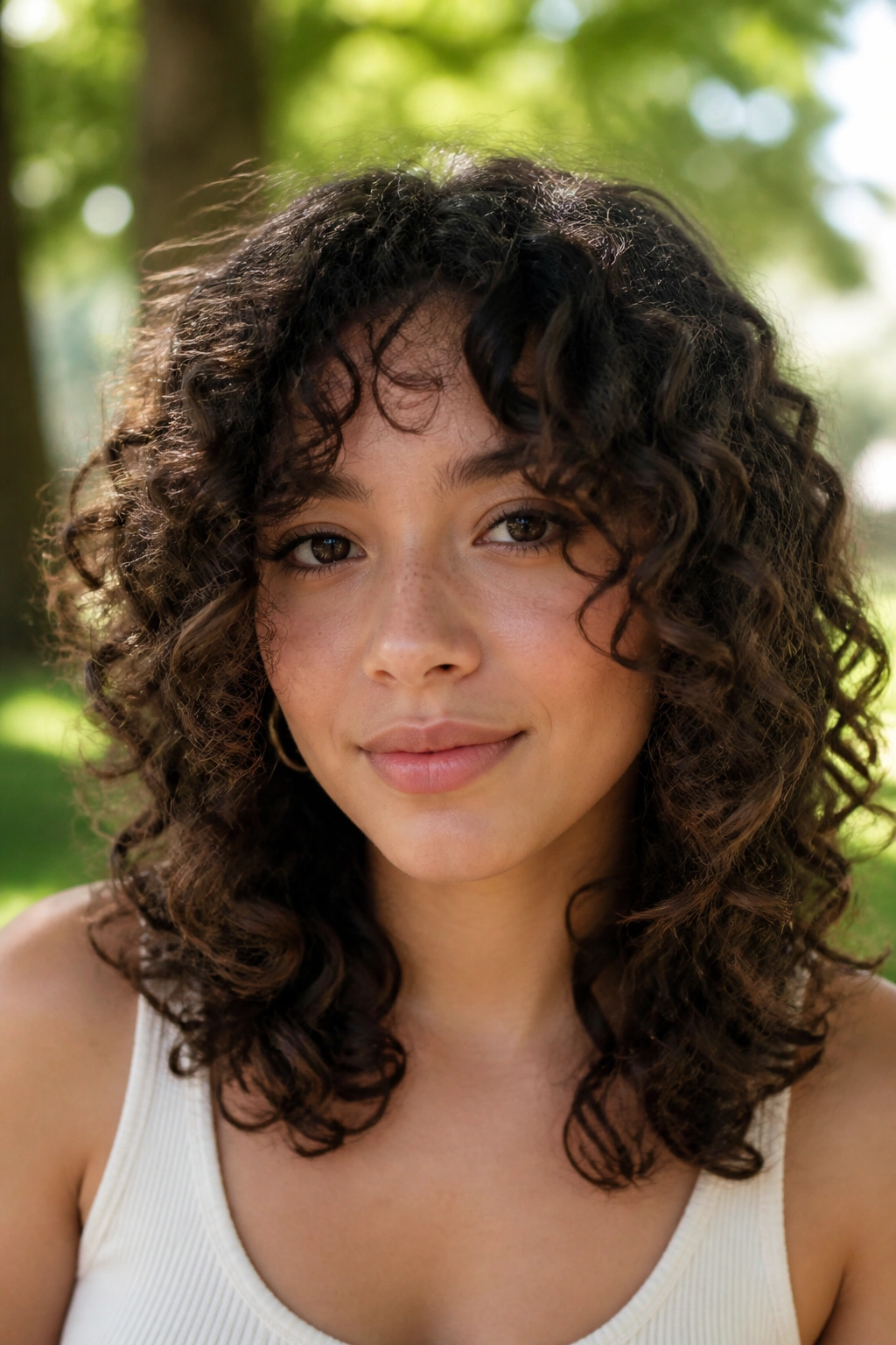 Close-up of a real person with layered natural curls outdoors in sunlight