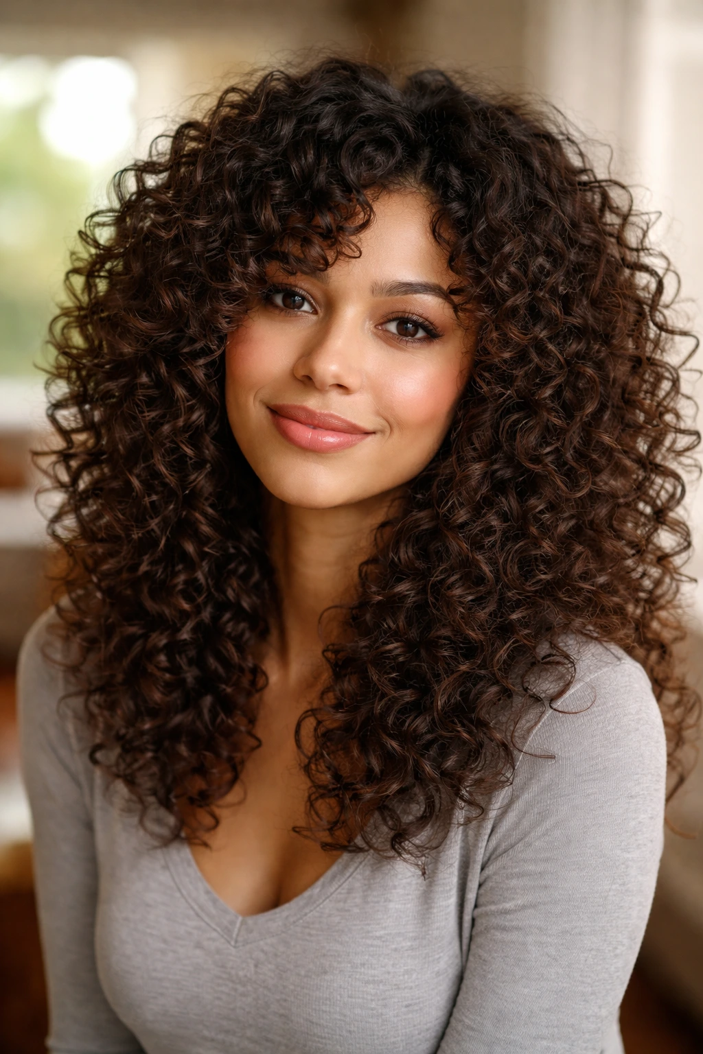 Close-up of layered curls on a real woman with warm window light.