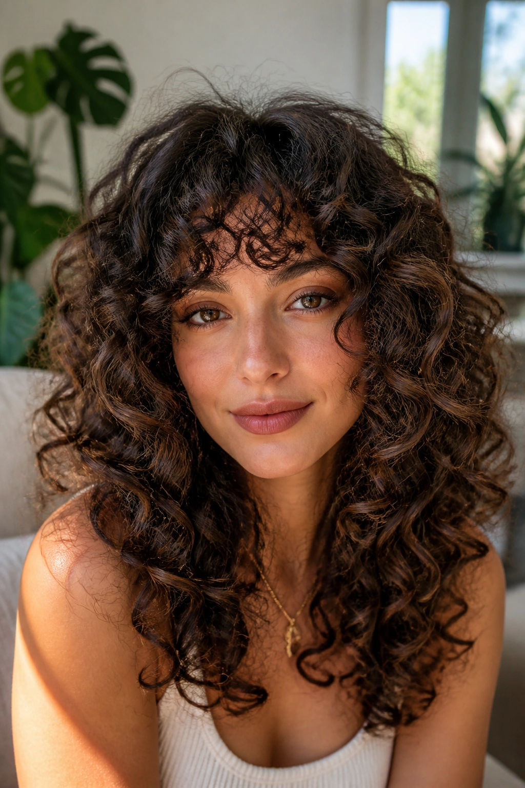 Close-up layered curls for thick hair on a real woman