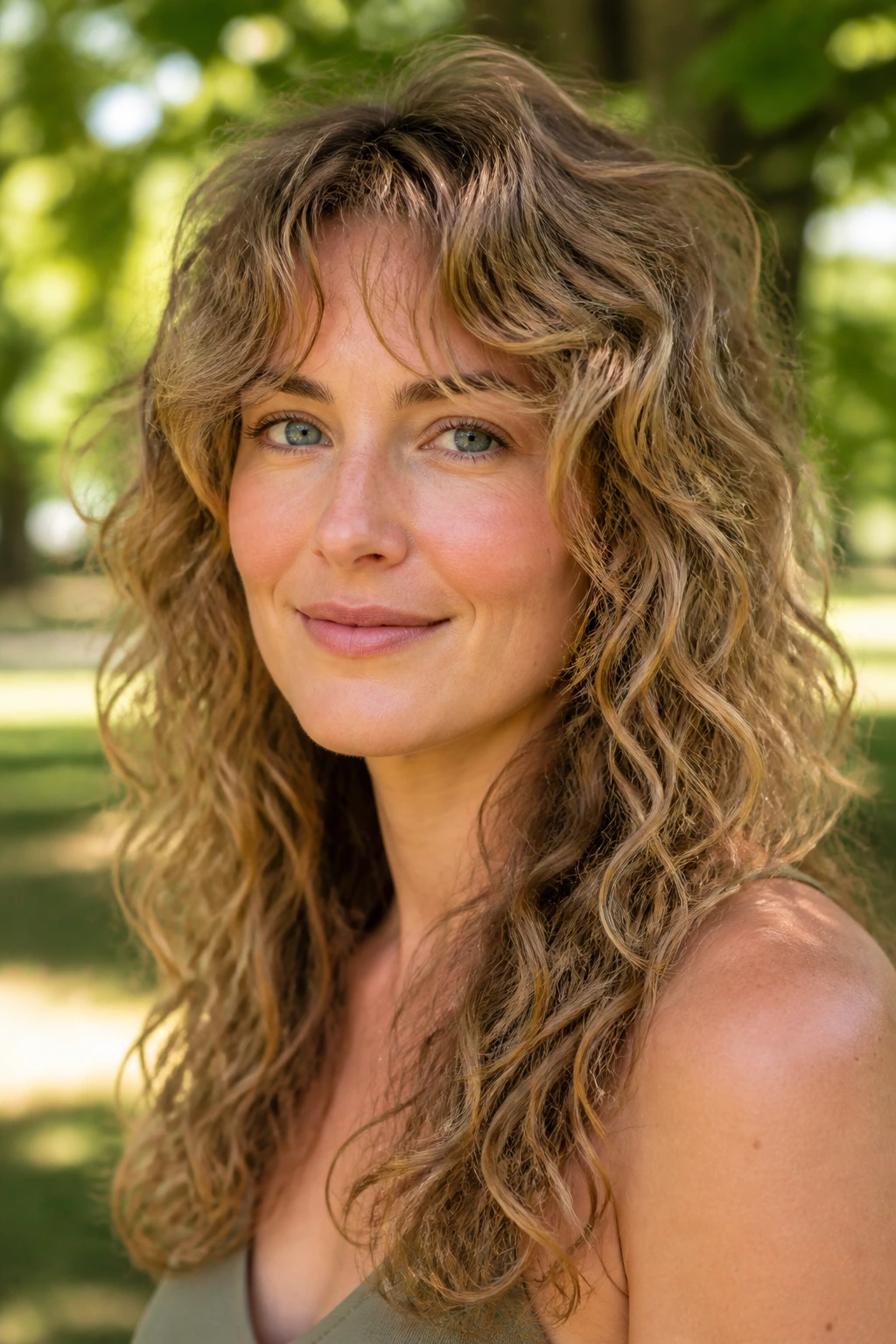 Close-up of a real woman with layered cut for fine curls and waves.