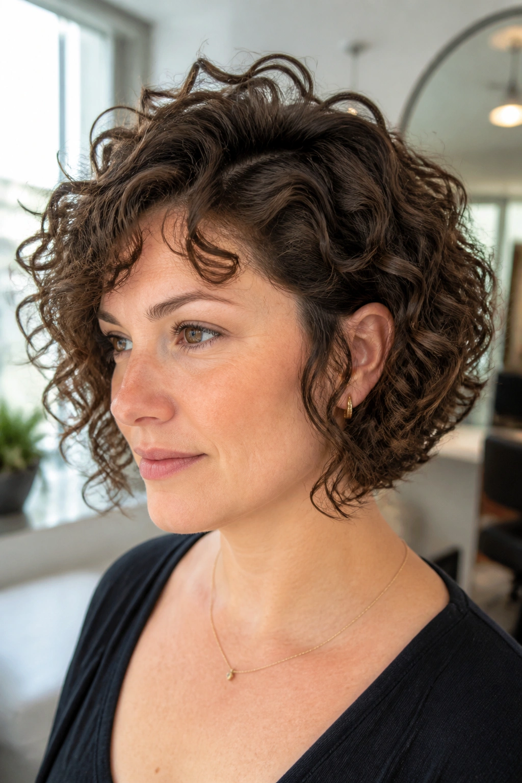 Close-up portrait of layered curly bob with crown lift and crown height under soft daylight.
