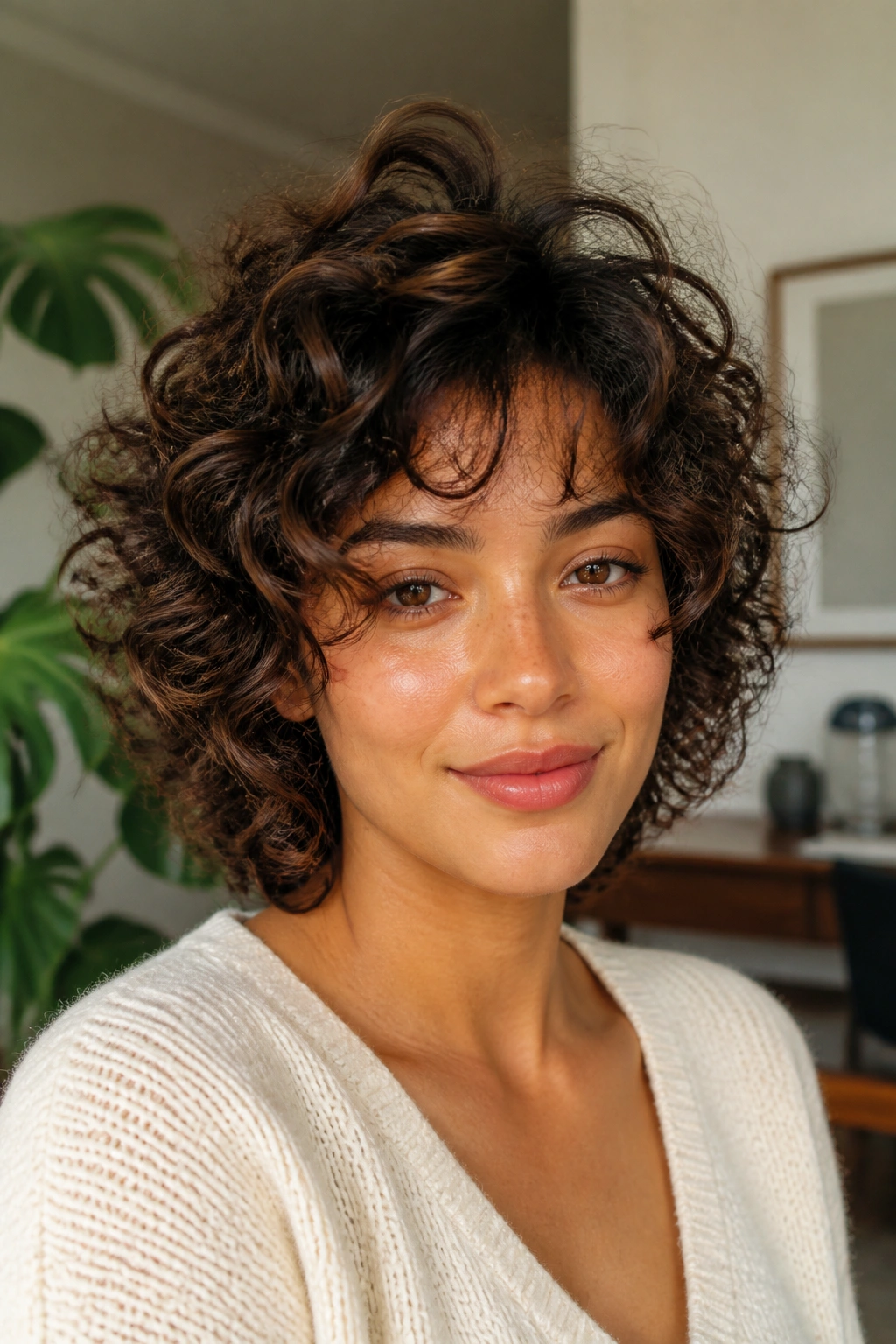 Close-up of a woman with layered curly cut and airy crown.