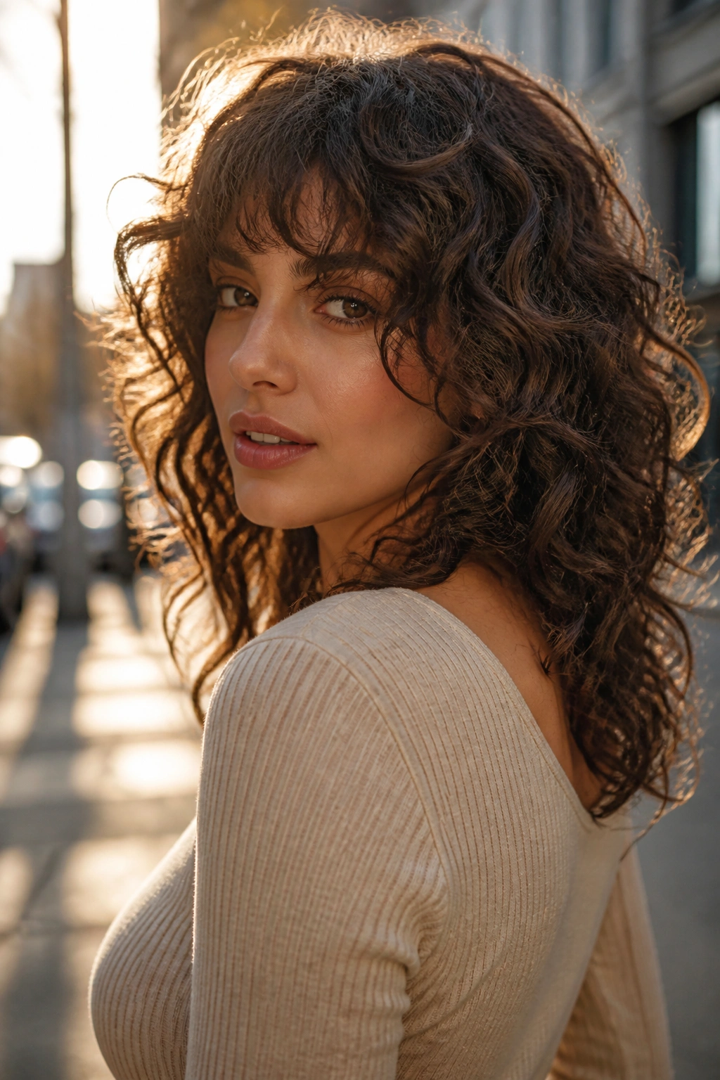 Medium close-up of a real woman with layered curly shag style outdoors at golden hour