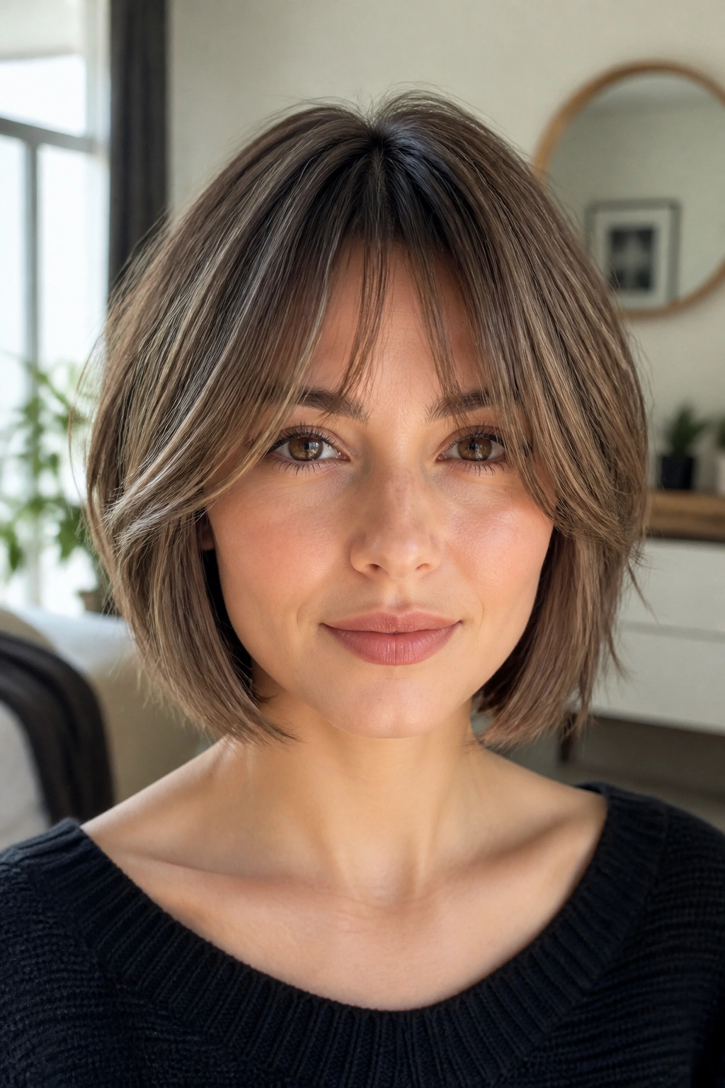 Portrait of a real woman with layered bob and curtain bangs in natural daylight