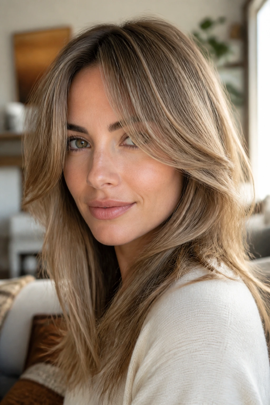 Close-up of a person with layered curtain bangs showing lift and texture