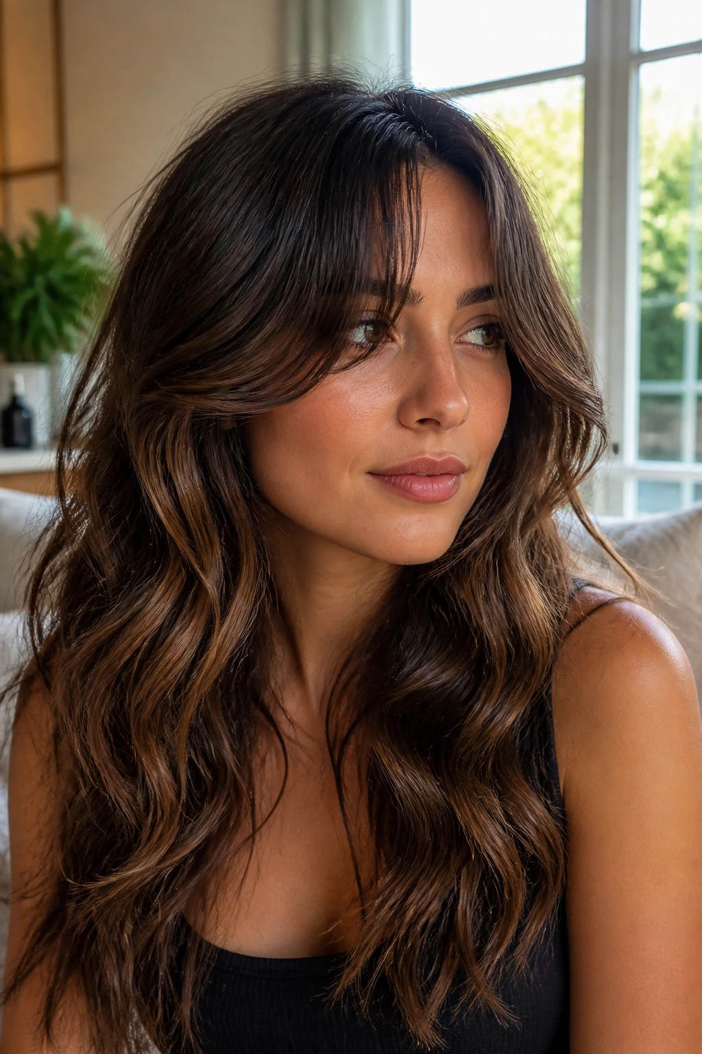 Close-up portrait of a real woman with layered curtain fringe on wavy hair in bright room