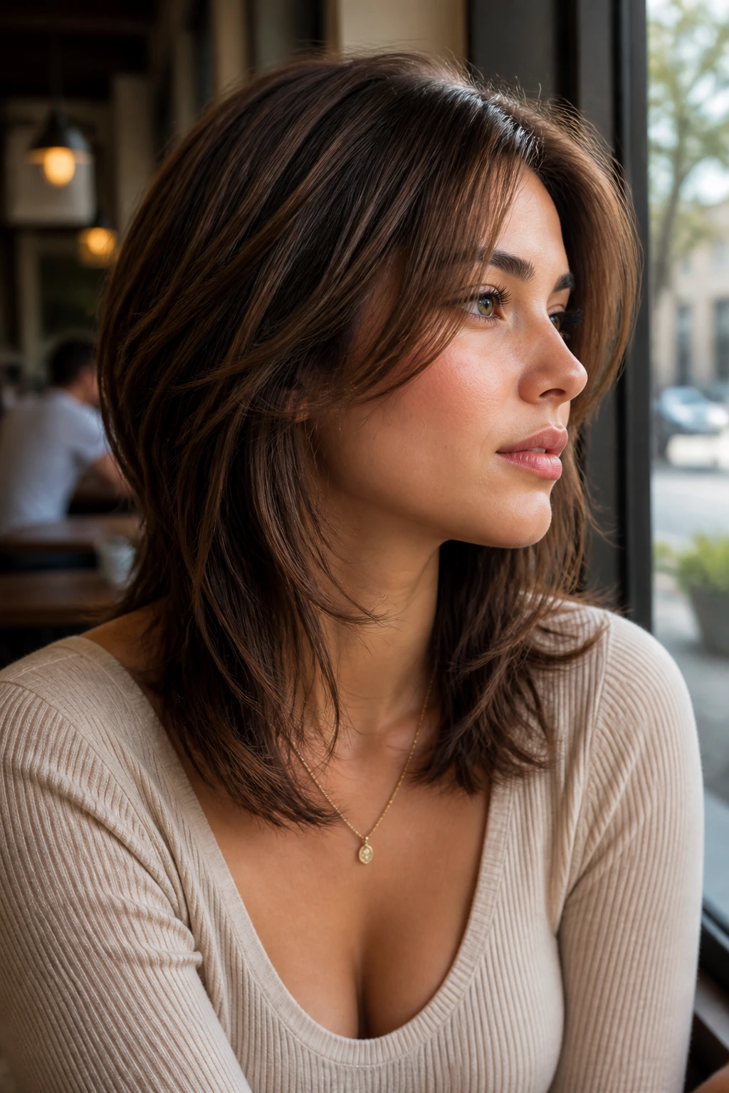 Close-up of a woman with cheekbone-starting layered cut, soft framing.