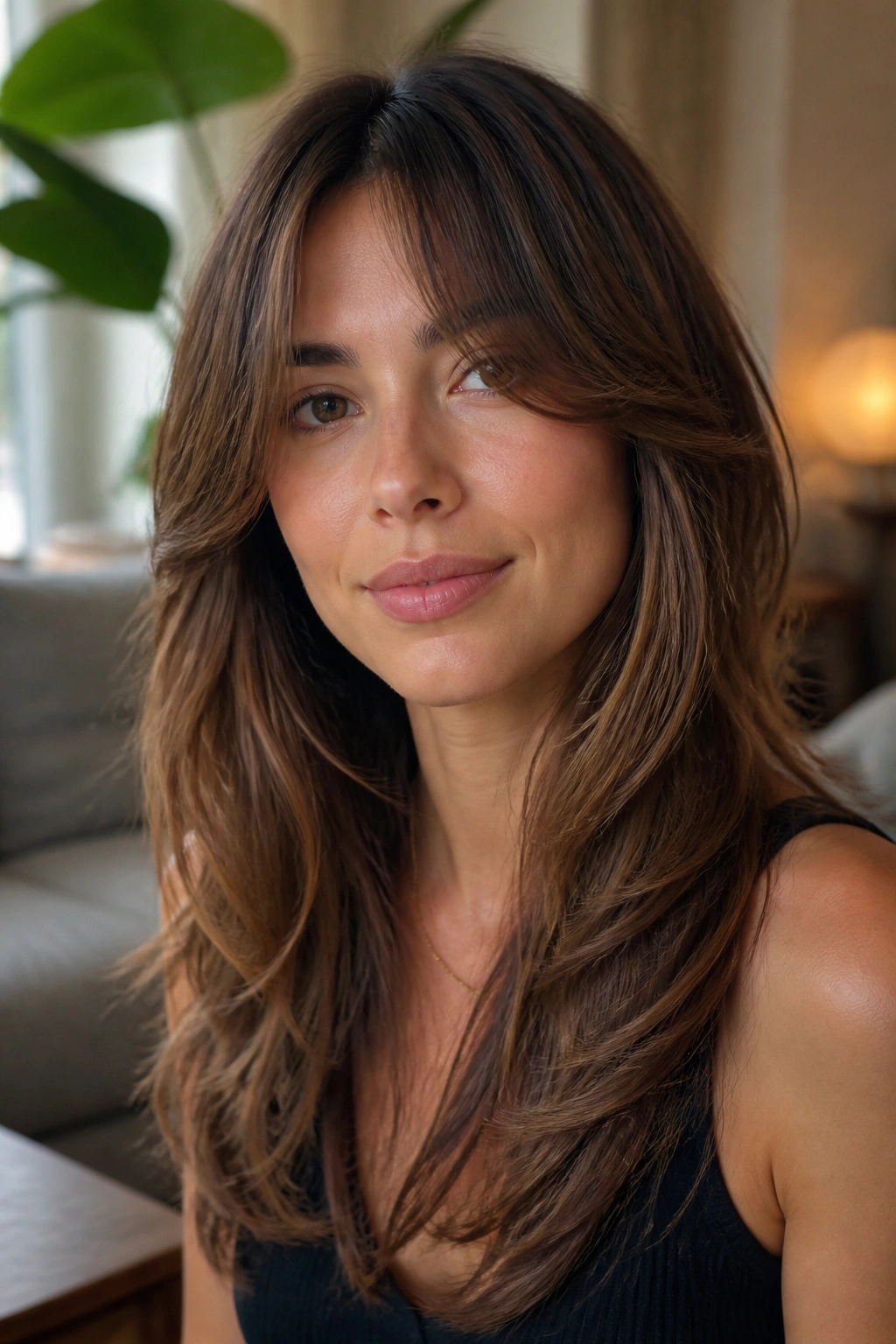 Close-up of a real woman with layered cut and curtain fringe.