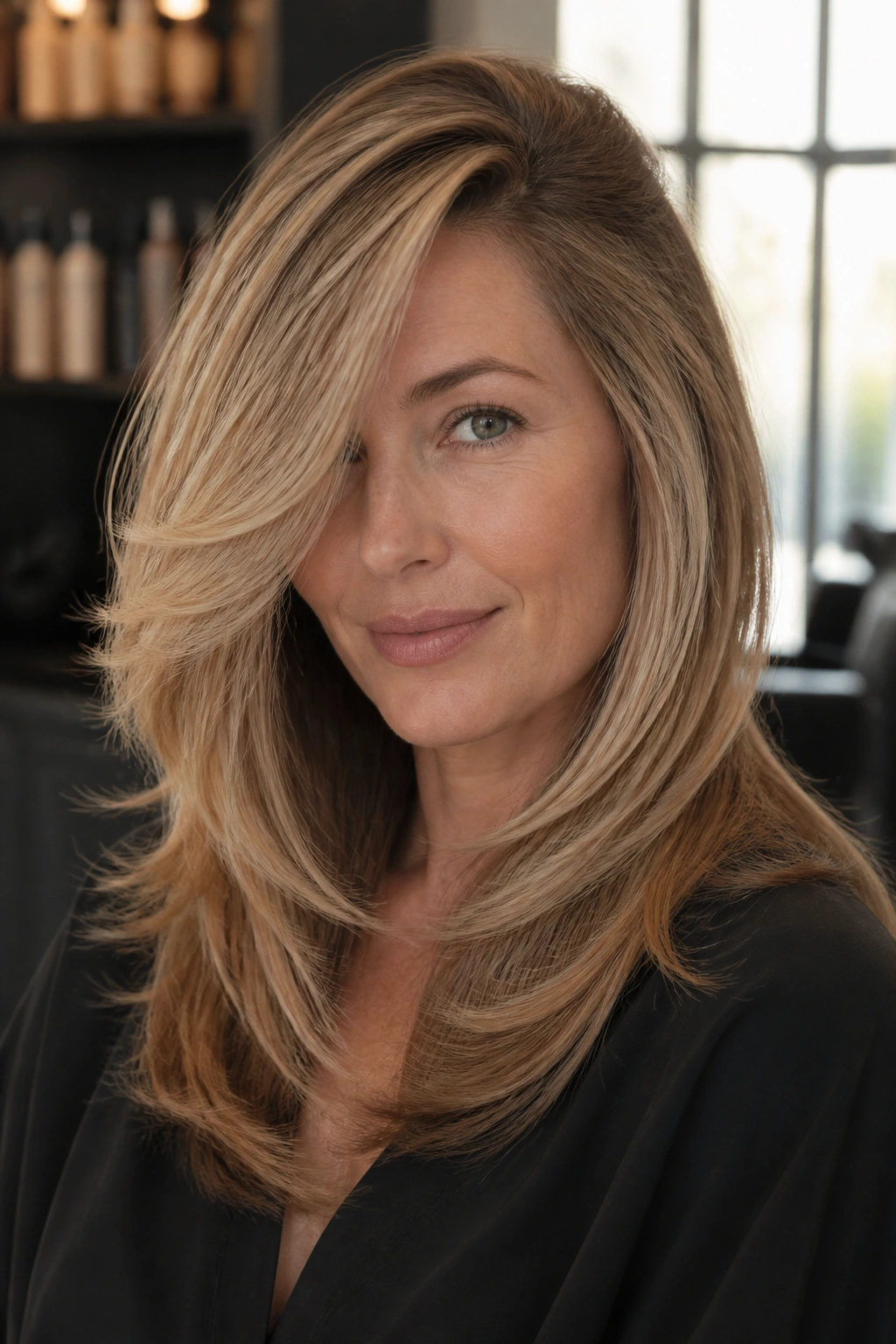 Real woman's layered cut with a deep side swept fringe and a curved silhouette.
