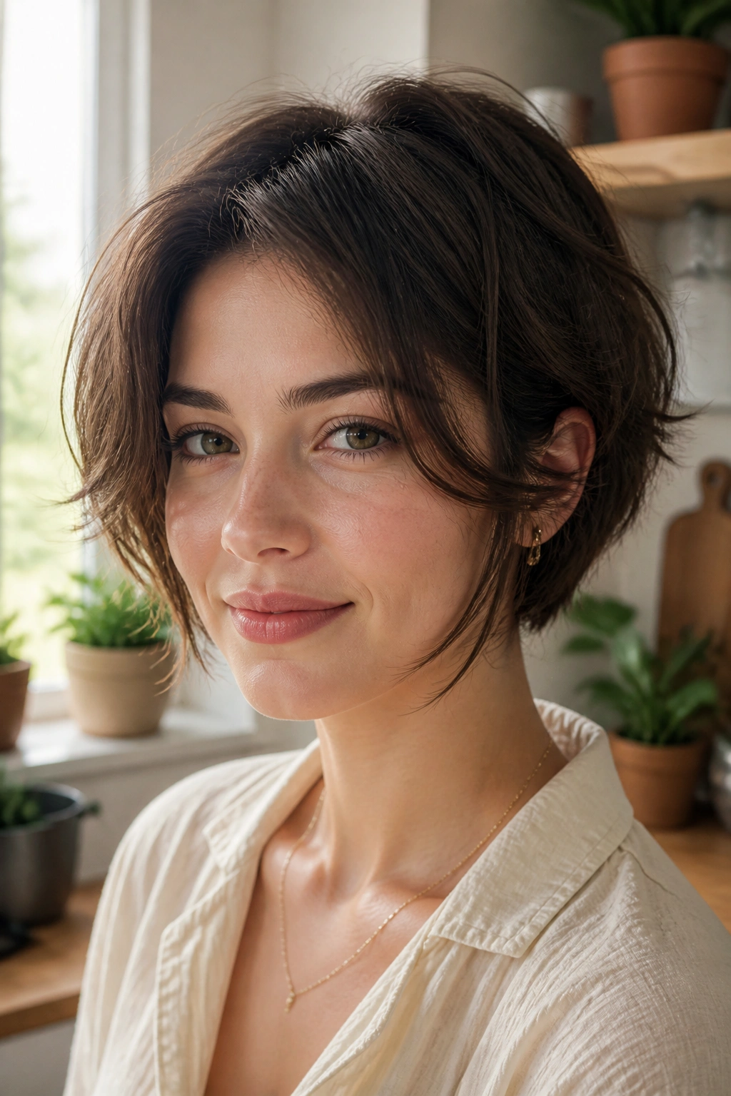 Close-up portrait of a woman with a layered ear-length bob in a sunlit kitchen