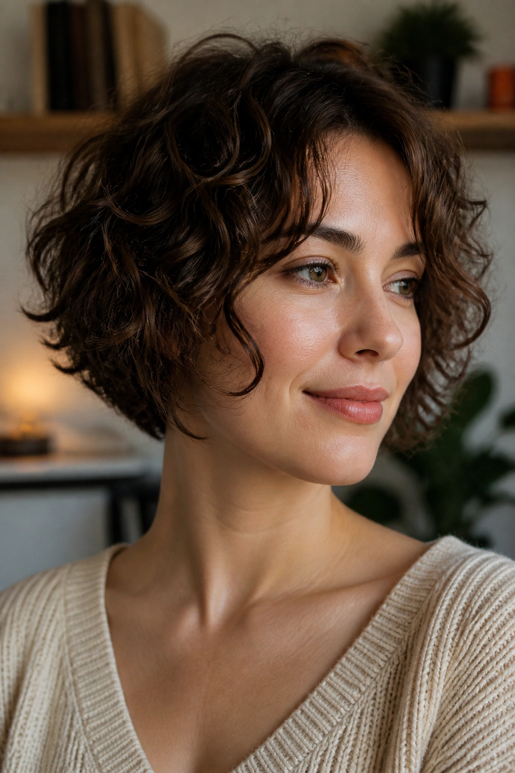 Close-up of a real person with layered ear-to-chin bob in a warm home office